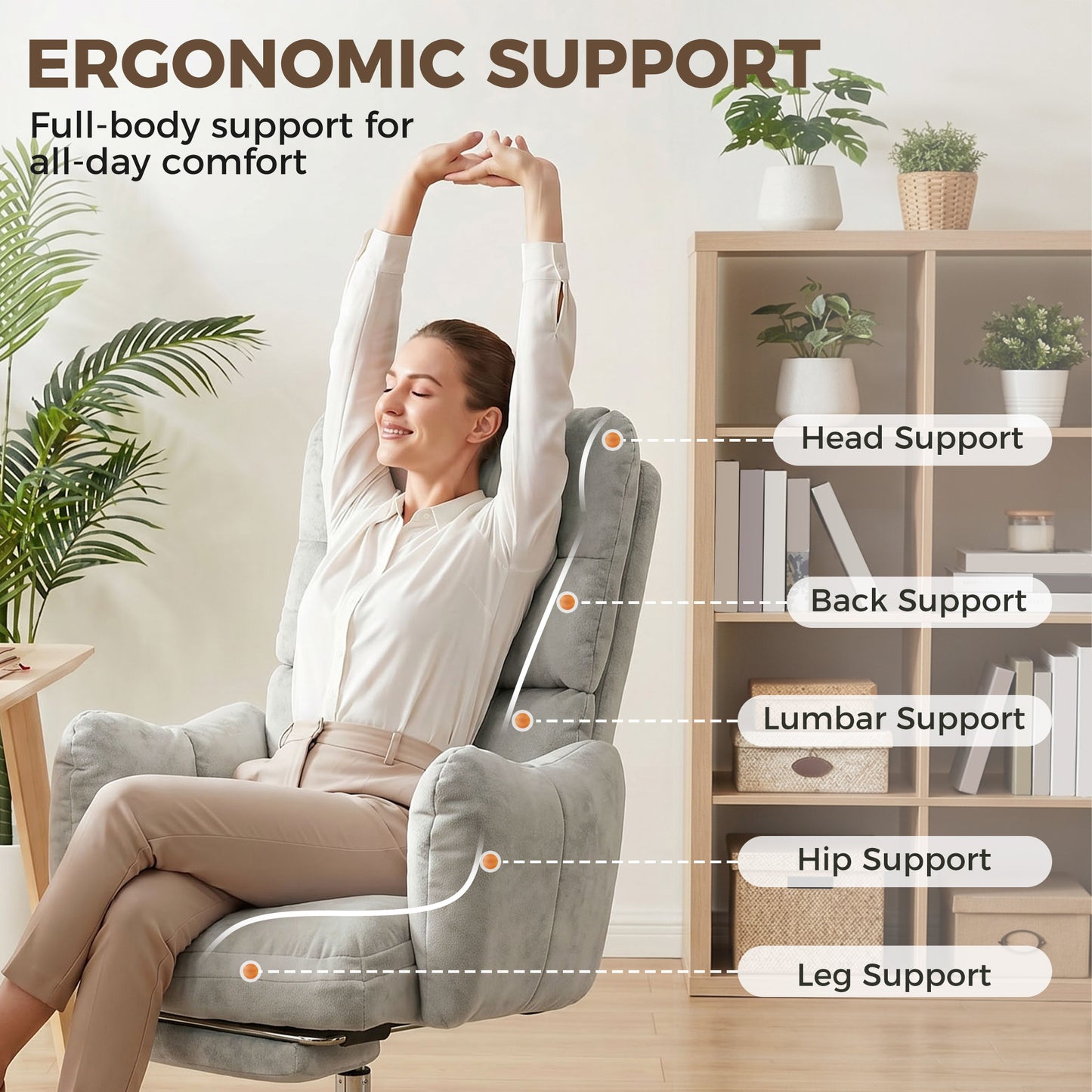 Office Chair with Foot Rest, Ergonomic Reclining Computer Gaming Chair w/ Snow Flannel Fabric, Thick Cushion, Light Grey