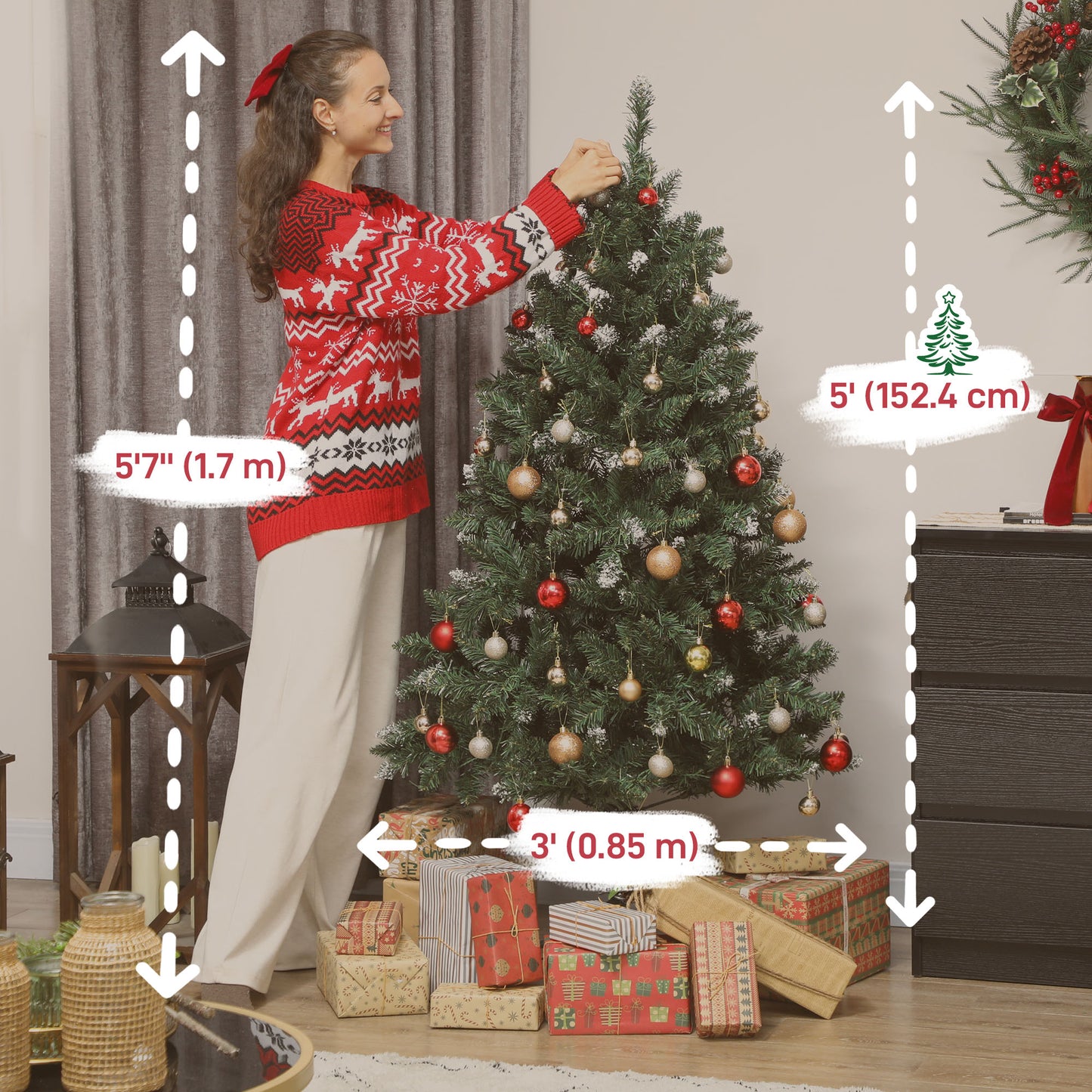 5 ft Frosted Prelit Christmas Tree, Full Spruce Xmas Tree with Dual Colour LED Light, Hinged Xmas Tree, Easy Assembly