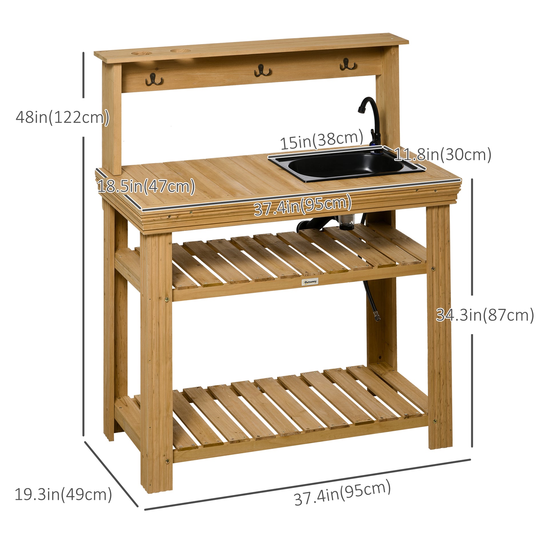 Outdoor Potting Bench Table with Faucet, Removable Sink, Hooks and Storage Shelves, Wood Work Bench Workstation for Gree