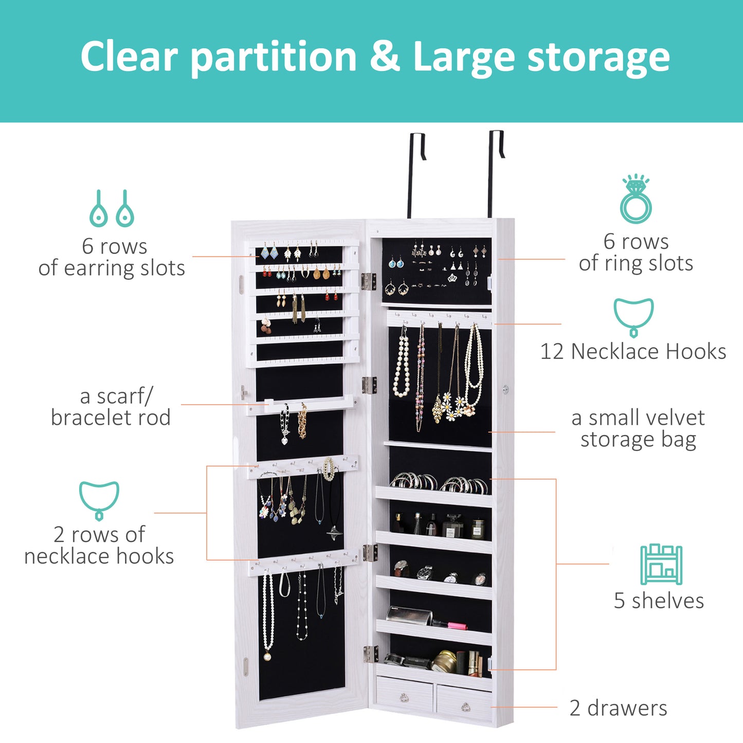 Mirror Jewelry Cabinet Armoire with LED Lights and 2 Keys, Wall Door Mounted Jewelry Organizer, Lockable Full-length Mir