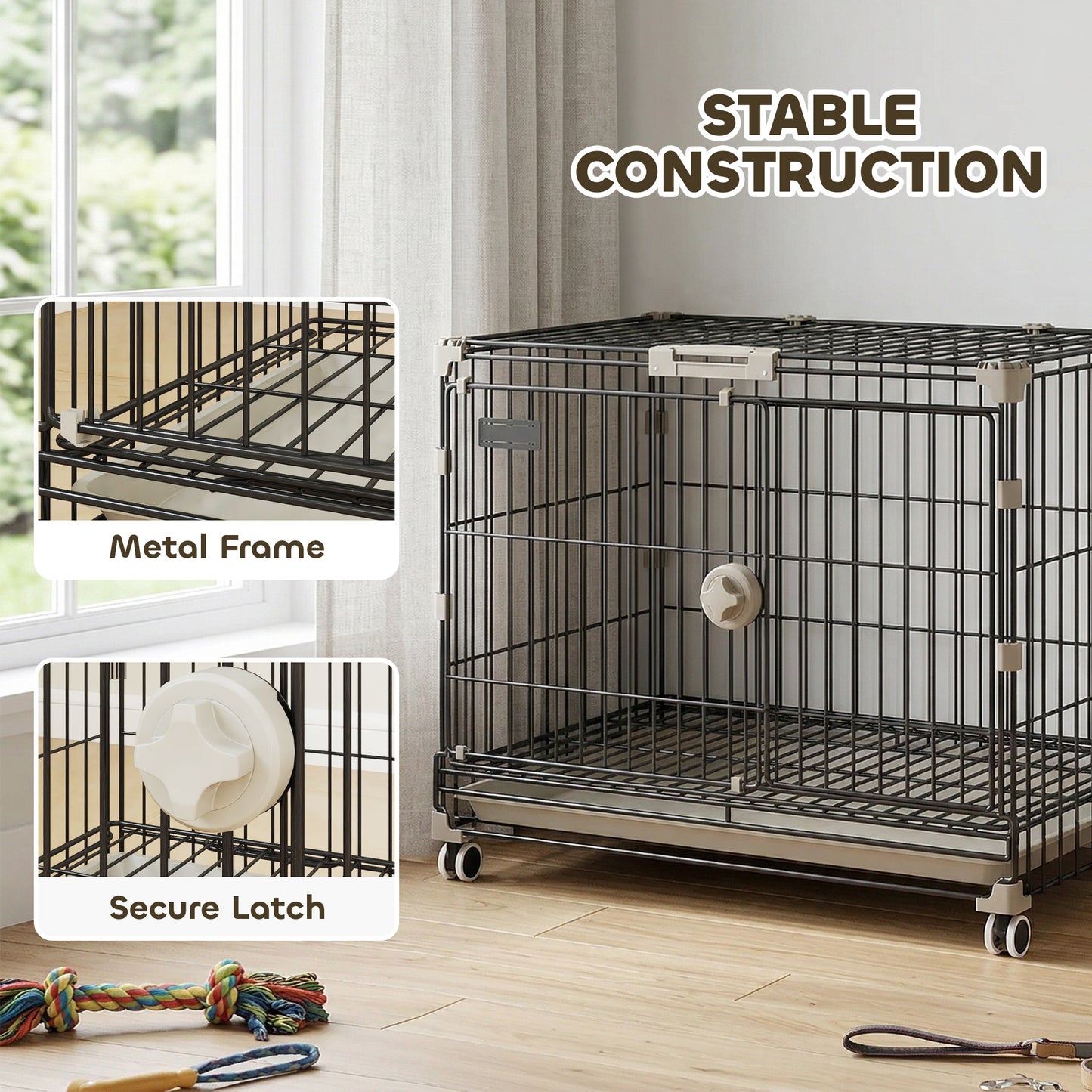 Dog Crate, 24 Inch Metal Dog Cage with Removable Tray, Lockable Wheels, 2 Doors for Small Breeds, Black
