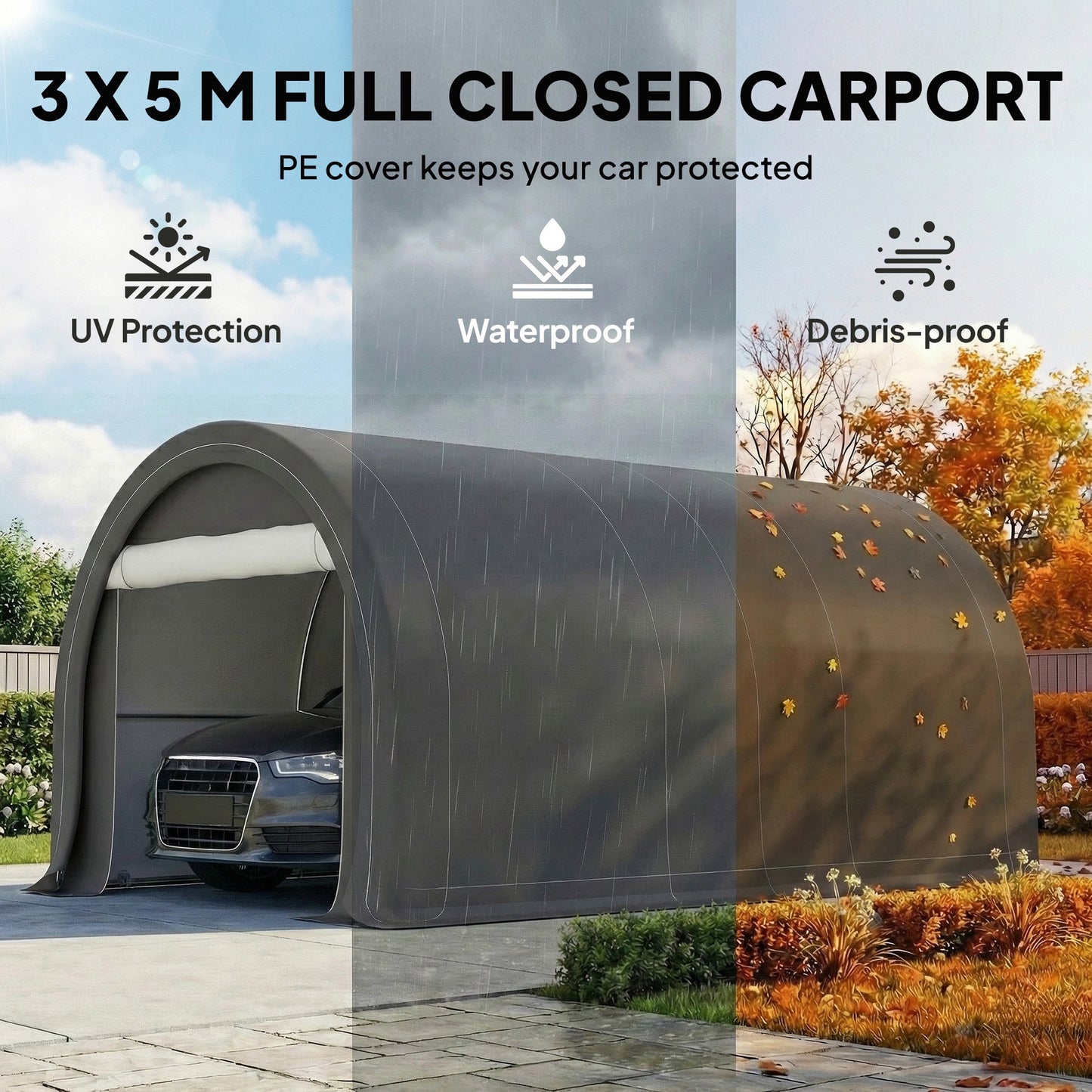 10' x 16' Heavy Duty Portable Carport Tent with Zippered Door, PE Cover for Car, Boat, Motorcycle, Bike, Grey