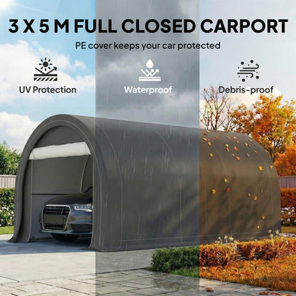 10' x 16' Heavy Duty Portable Carport Tent with Zippered Door, PE Cover for Car, Boat, Motorcycle, Bike, Grey