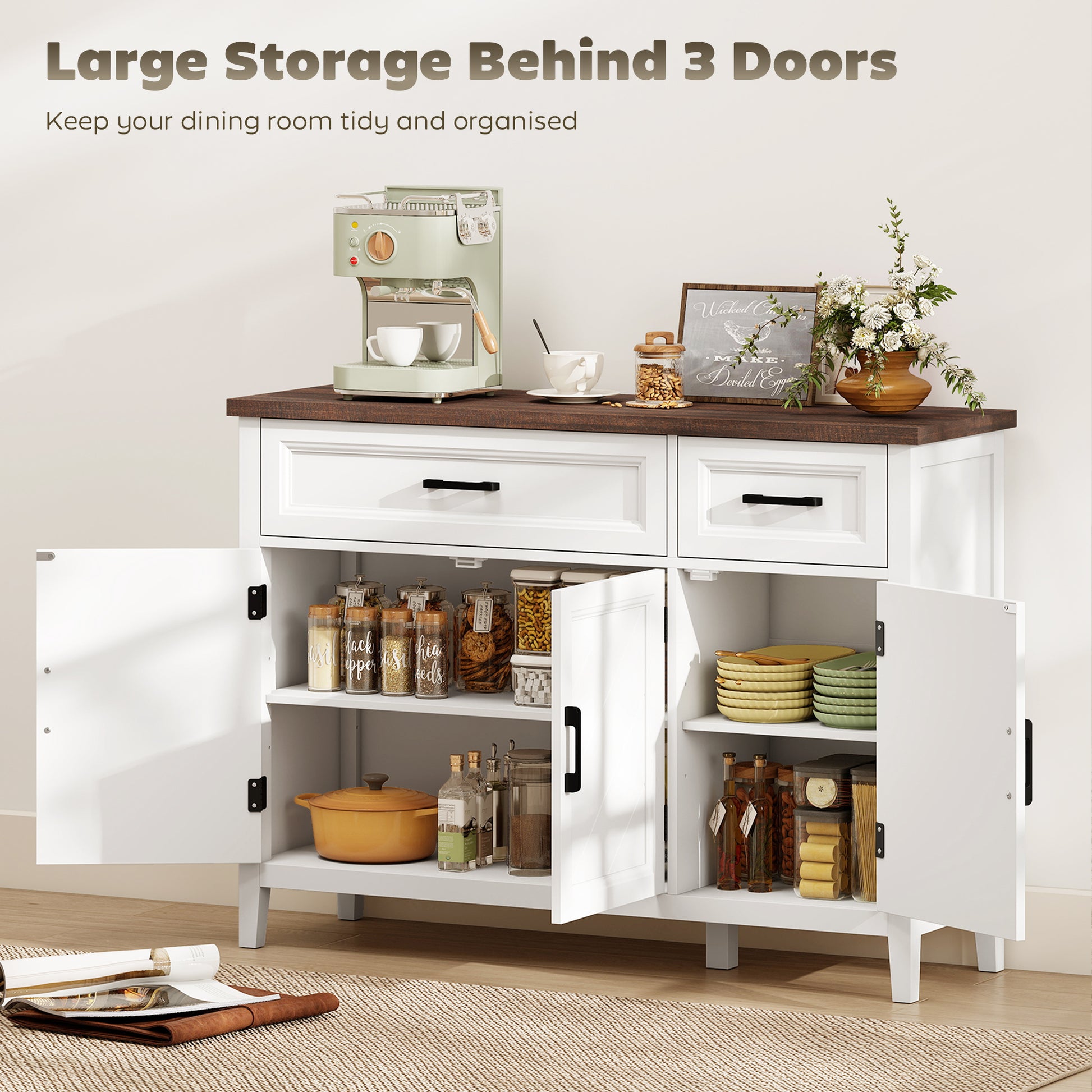 Sideboard Buffet Cabinet, 44" Farmhouse Kitchen Cabinet with 3 Chevron Doors, 2 Drawers and 2 Adjustable Shelves, White