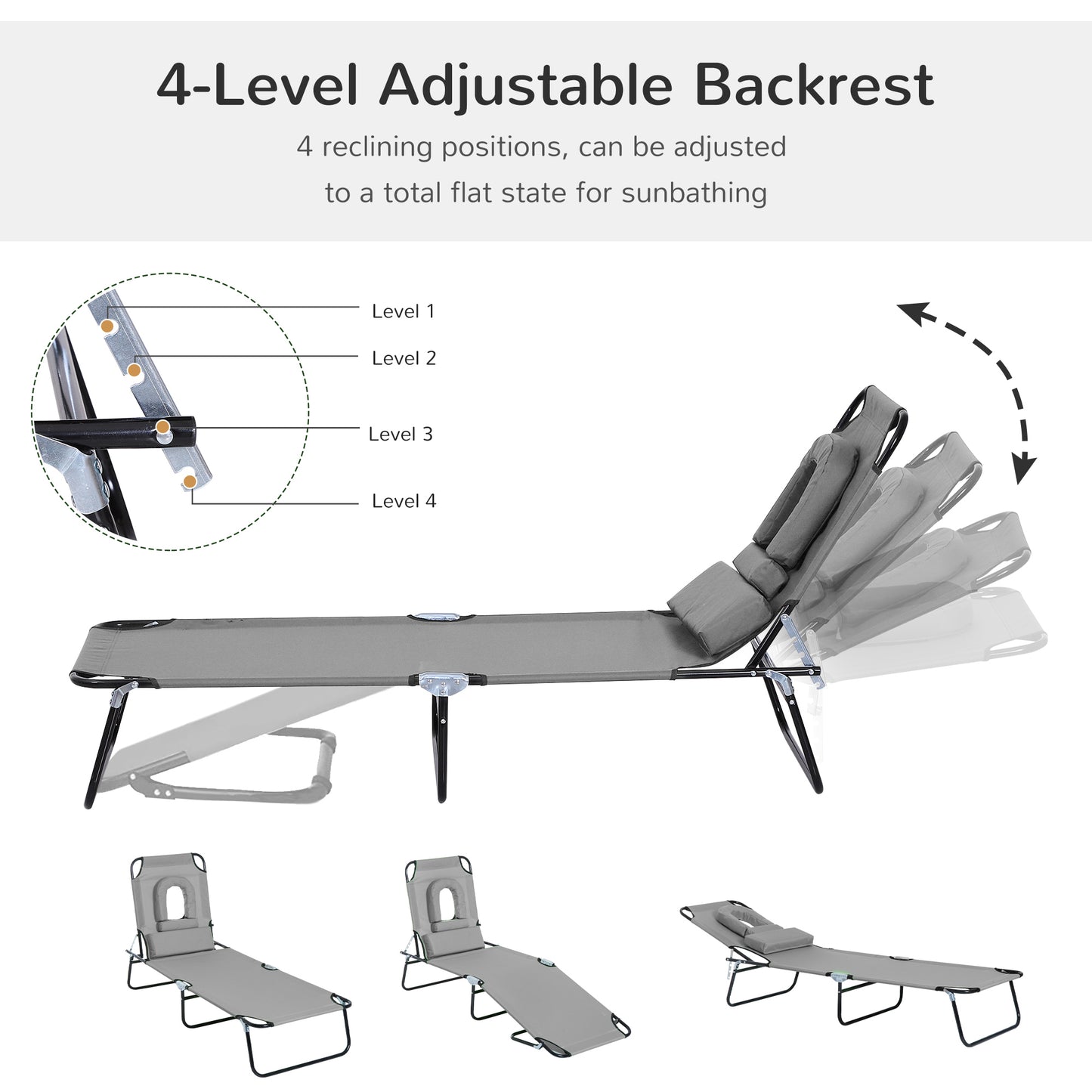 Adjustable Outdoor Lounge Chair, Garden Folding Chaise Lounge with Face Hole Reclining Tanning Chair Seat, Folding Campi