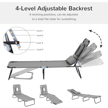 Adjustable Outdoor Lounge Chair, Garden Folding Chaise Lounge with Face Hole Reclining Tanning Chair Seat, Folding Campi