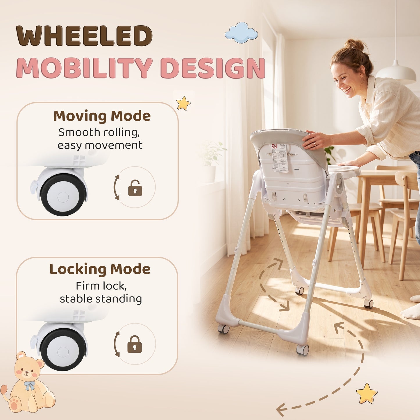 Qaba High Chair with Wheels, Double Tray, Foldable Baby Seat with Adjustable Seat Height, Backrest, Footrest and Tray, G