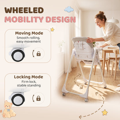 Qaba High Chair with Wheels, Double Tray, Foldable Baby Seat with Adjustable Seat Height, Backrest, Footrest and Tray, G