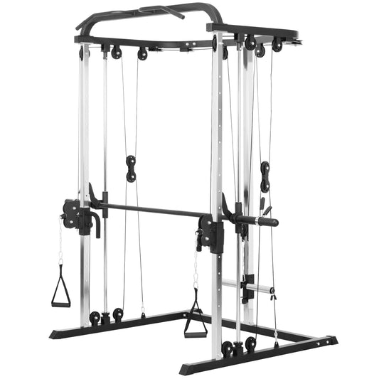 Soozier 3 In 1 Smith Machine Power Rack with Cable Crossover System, Pull up Station, 16-Level Squat Rack and Barbell Ba