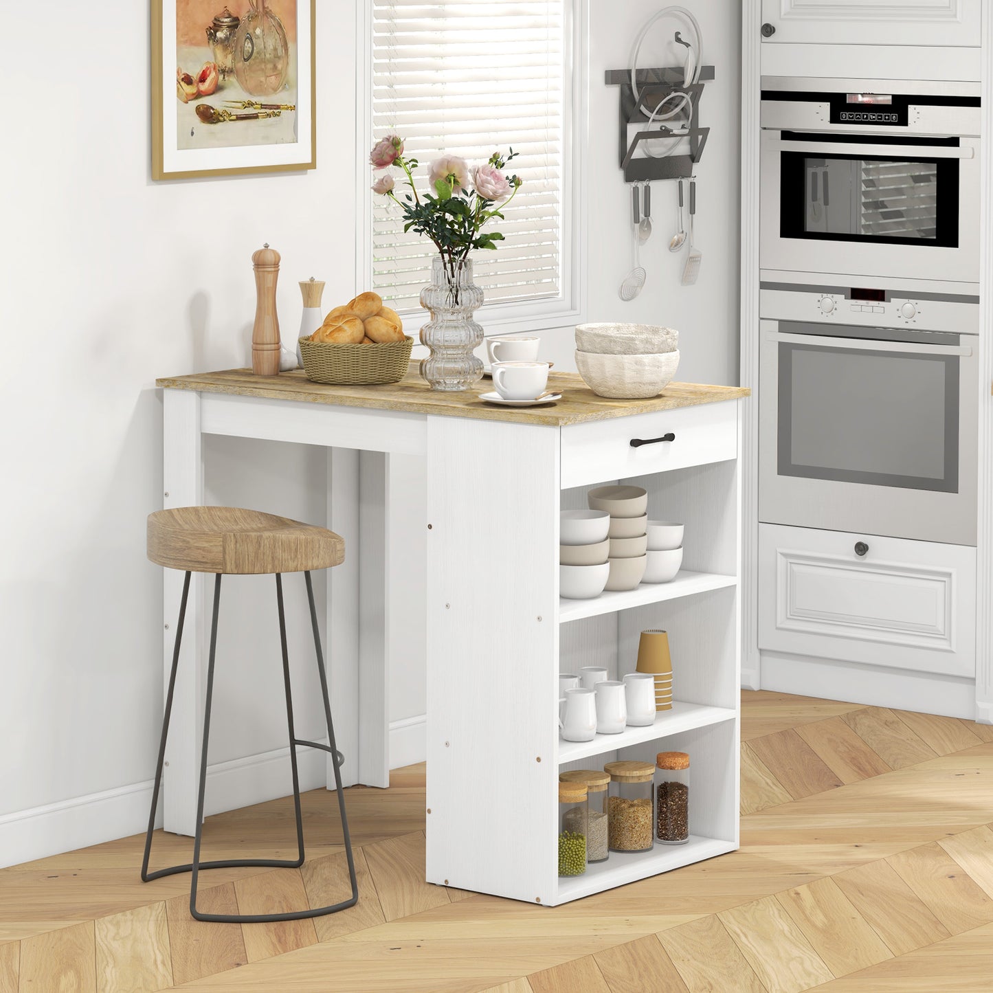 Bar Table with Drawer and 3 Storage Shelves, Bar Height Table, High Top Pub Table for Home Bar, Kitchen, Grey
