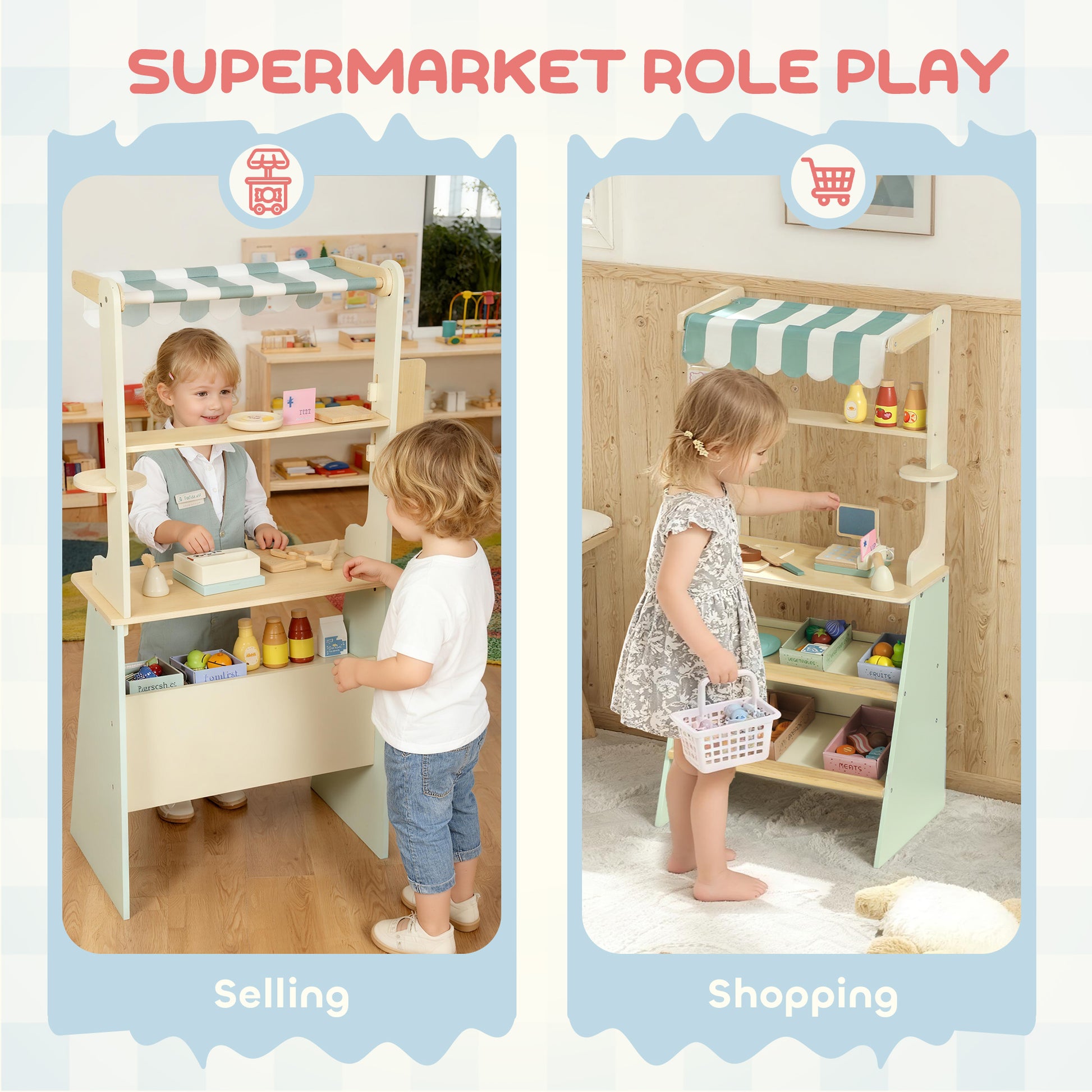 Qaba Kids Grocery Store Playset, Supermarket Toy Set with Cash Register, Chalkboard and Toy Food for Toddler Boys Girls 