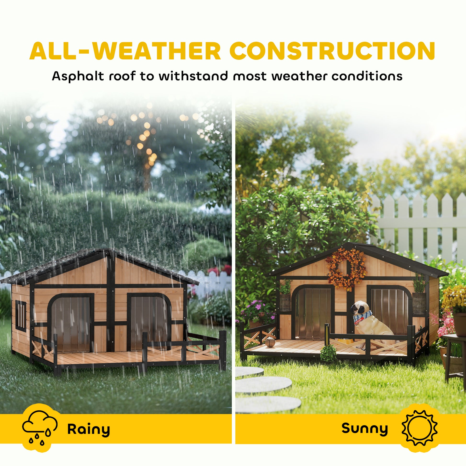 59"x64"x39" Wood Dog House Outdoor Cabin-Style Elevated Pet Shelter with Porch Deck, Beige