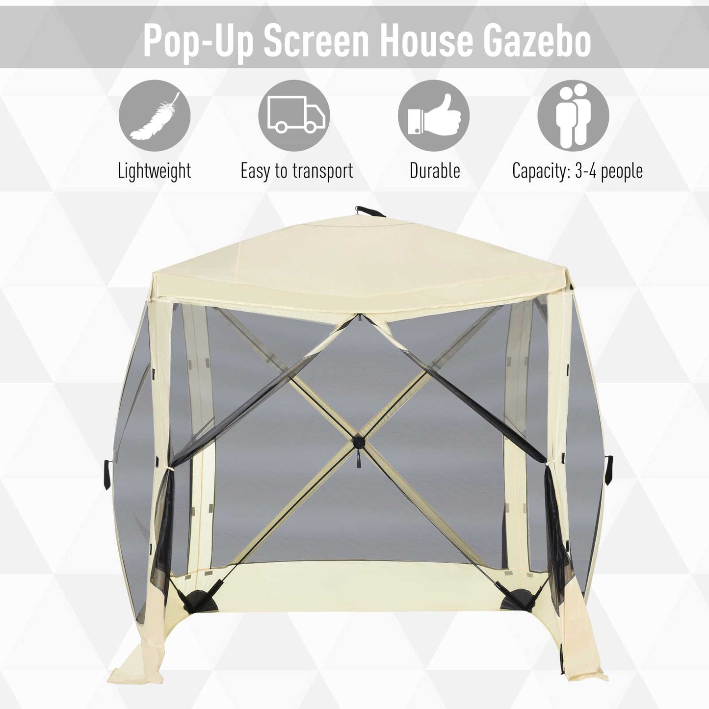 Pop-Up Tent, Foldable Screen Tent with Carry Bag, Zippered Door and Ground Stakes, Fits 3-4 People, Beige