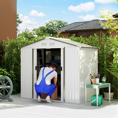 7'x 4'x 6' Garden Tool Shed Metal Storage Shed w/ Foundation Kit and Double Doors Silver