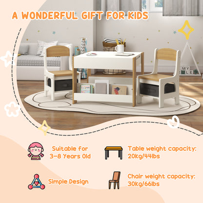 Qaba 3 Piece Kids Table and Chair Set with Reversible Tabletop, Blackboard, Storage, Bookshelf, for Playroom, Nursery Na