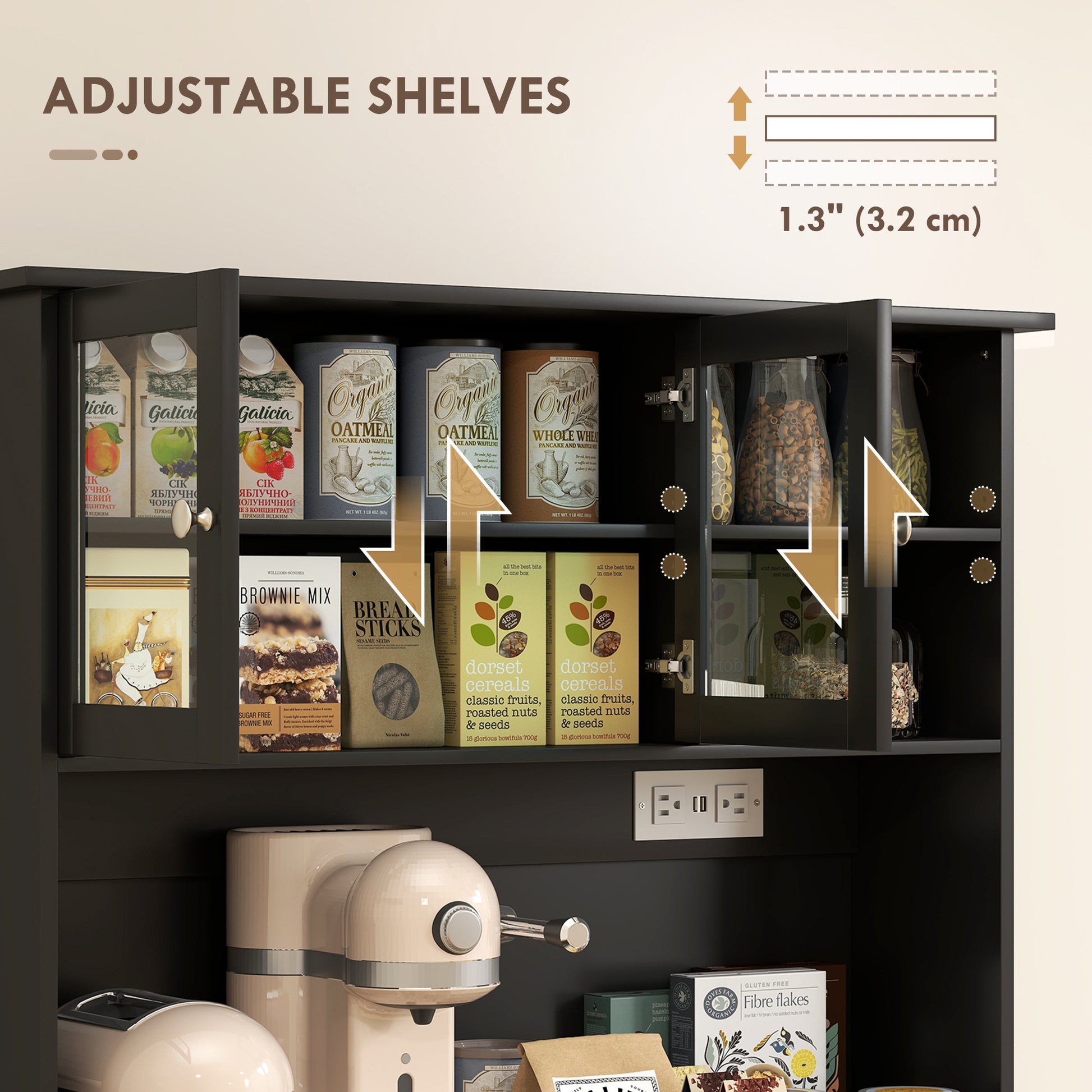 Kitchen Cabinet with Charging Station, 2 Tilt Out Cabinets, Microwave Stand, Freestanding Kitchen Pantry Cabinet, Black