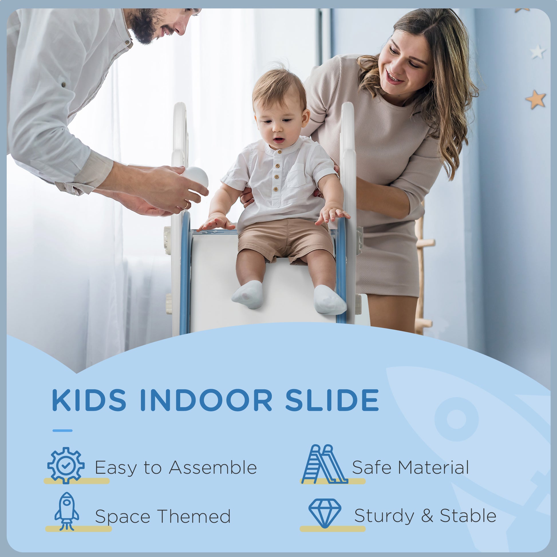 Qaba Toddler Slide Indoor for Kids 1.5-3 Years Old, Space Theme Climber Slide Playset, Blue