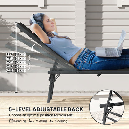 2 Pieces Folding Outdoor Lounge Chairs, Reclining Chaise Lounge Tanning Chair w/ Adjustable Back, Mesh Seat, Black