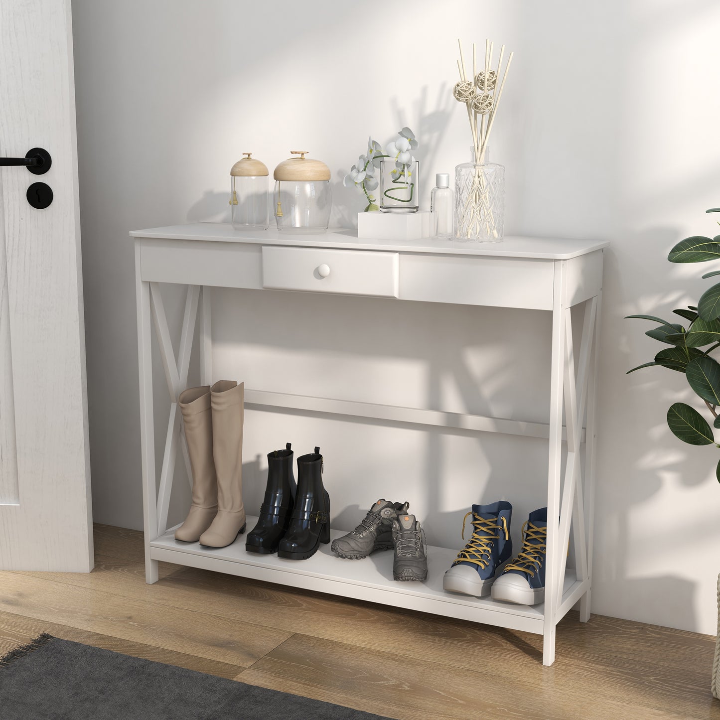 39" Console Table, 2 Tier X-Design Narrow Entryway Table with Drawer and Storage Shelf for Behind Couch, Living Room, Ha