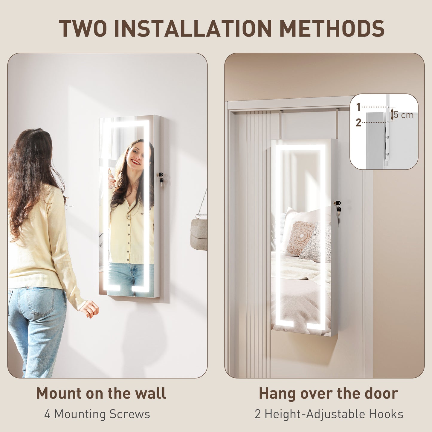 LED Lighted Jewelry Armoire with Mirror Jewelry Cabinet with Storage Lockable Door/Wall Mounted Jewelry Organizer, White