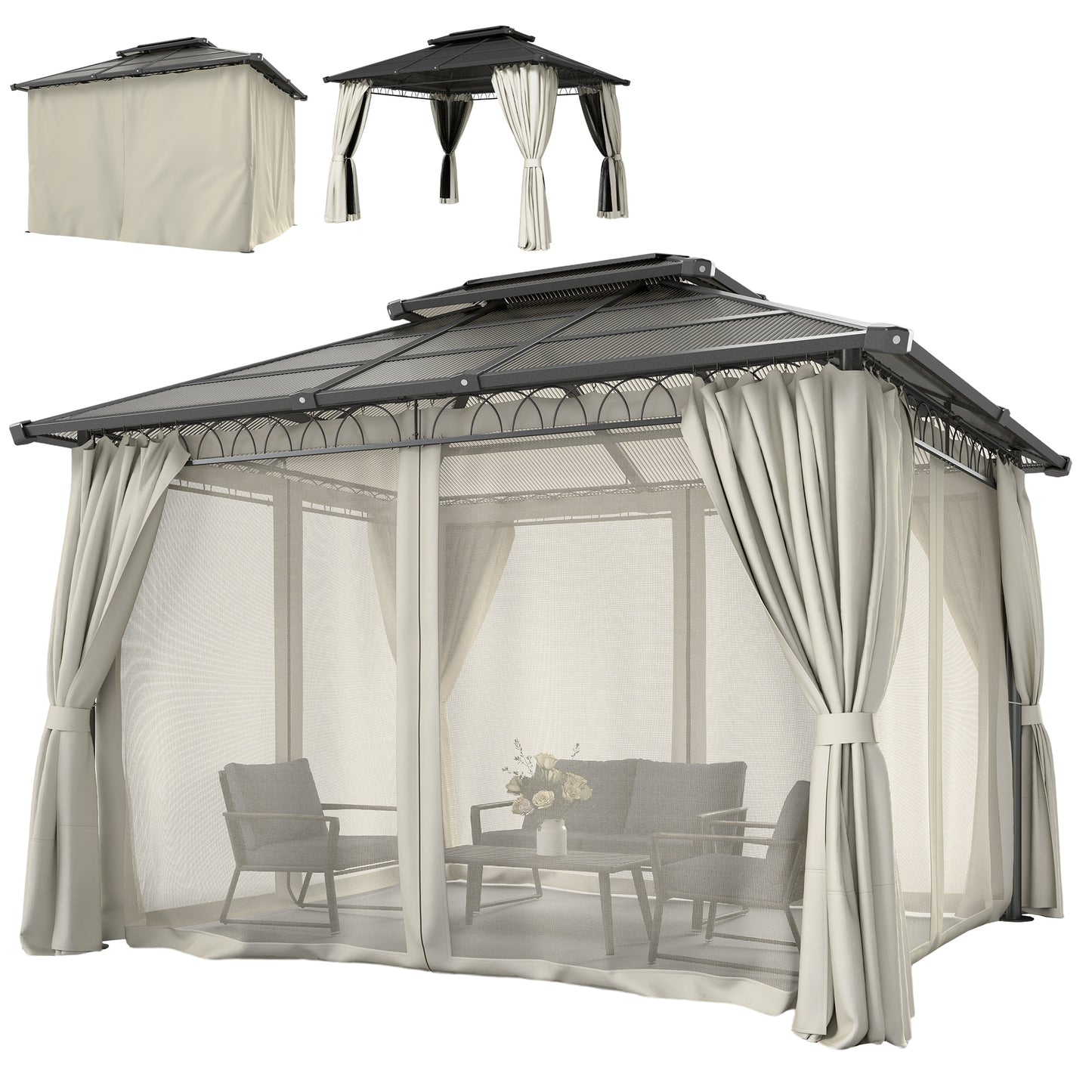 10' x 12' Outdoor Gazebo Canopy, Double Roof Hardtop Gazebo with Polycarbonate Roof, Steel Frame, Nettings and Curtains