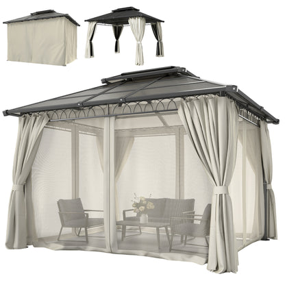 10' x 12' Outdoor Gazebo Canopy, Double Roof Hardtop Gazebo with Polycarbonate Roof, Steel Frame, Nettings and Curtains