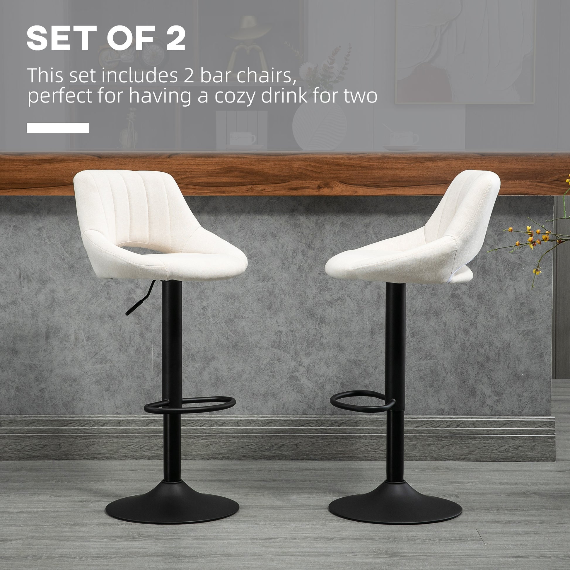 Bar Stools Set of 2, Swivel Counter Height Barstools with Adjustable Height, Linen Upholstered Bar Chairs with Round Met