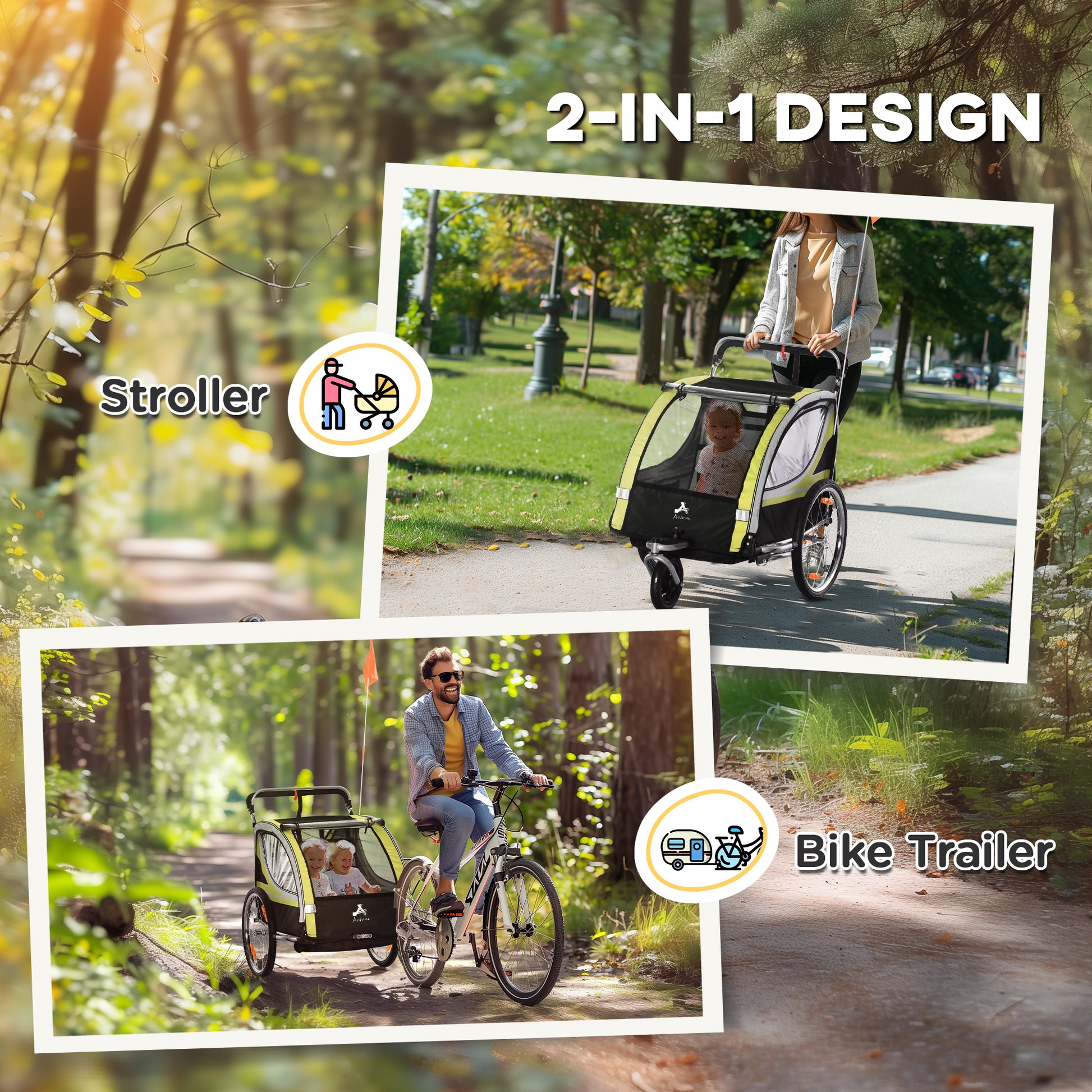 VarietyKart 2 Seat Bike Trailer for Kids 2-in-1 Double Baby Stroller with Handbrake, Rubber Wheels, 5 Point Harness, Wat