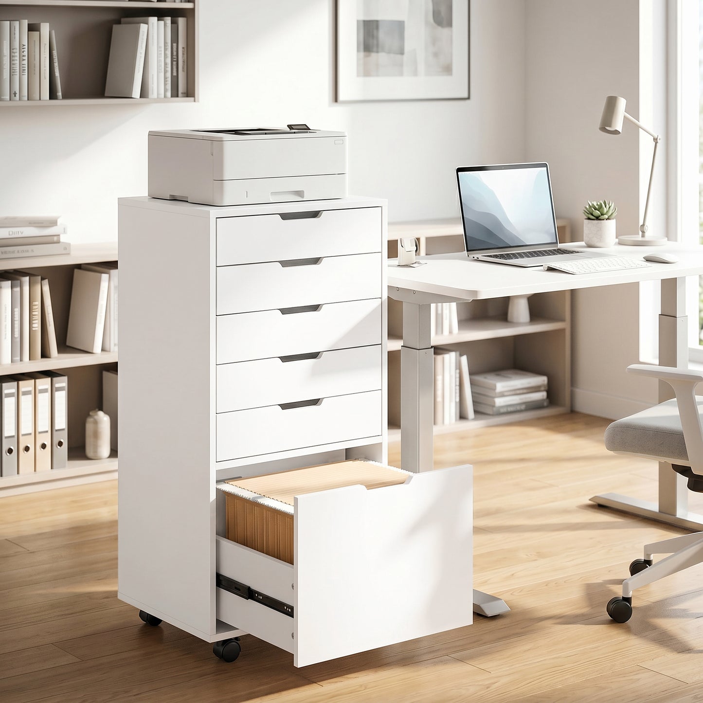 File Cabinet on Wheels Mobile Printer Stand with 6 Drawers for Home Office White