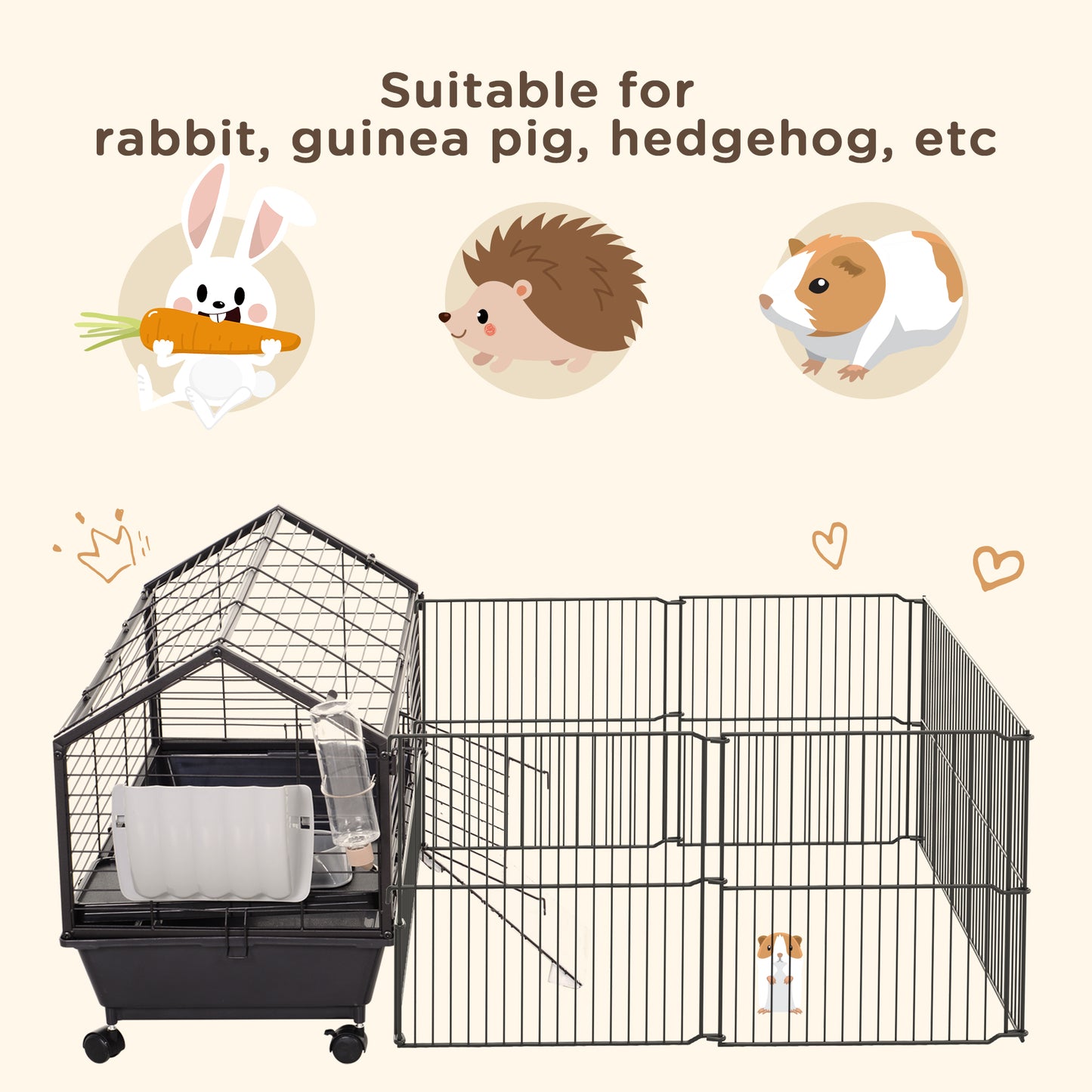Guinea Pig Cage with Foldable Detachable Playpen, Rolling Rabbit Chinchilla Hedgehog Bunny Cage Small Animal Habitat wit