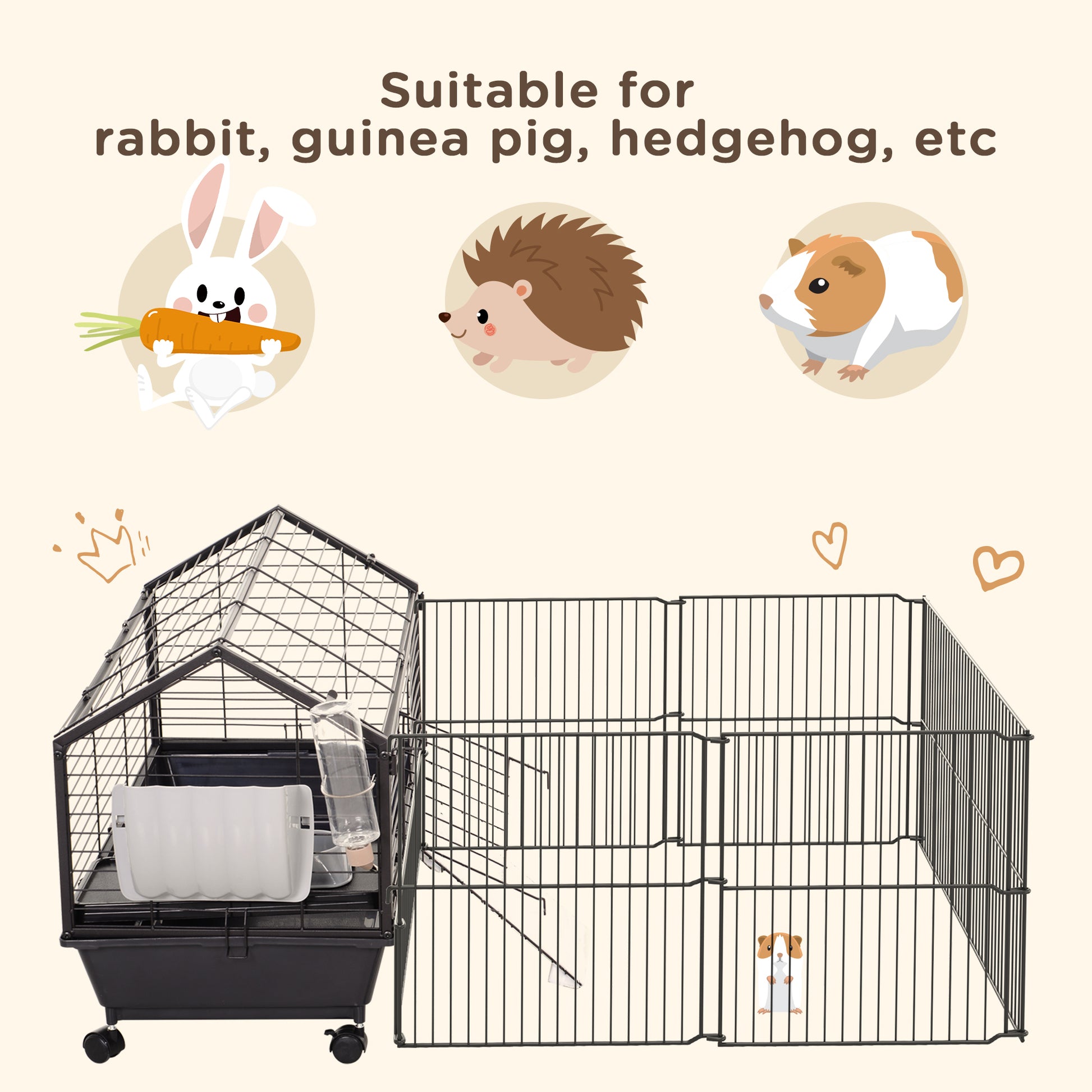 Guinea Pig Cage with Foldable Detachable Playpen, Rolling Rabbit Chinchilla Hedgehog Bunny Cage Small Animal Habitat wit