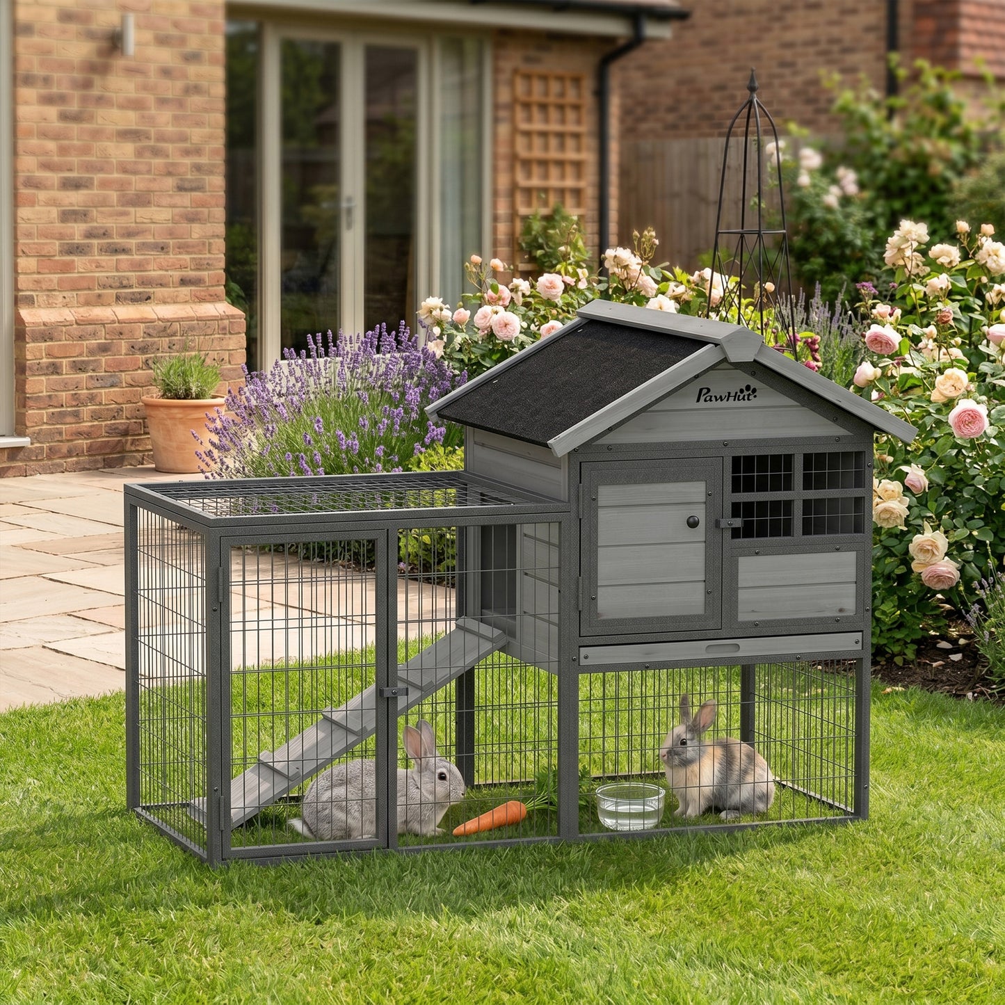 Rabbit Hutch Outdoor, 48"L Large Wooden Bunny Cage with Run, Grey