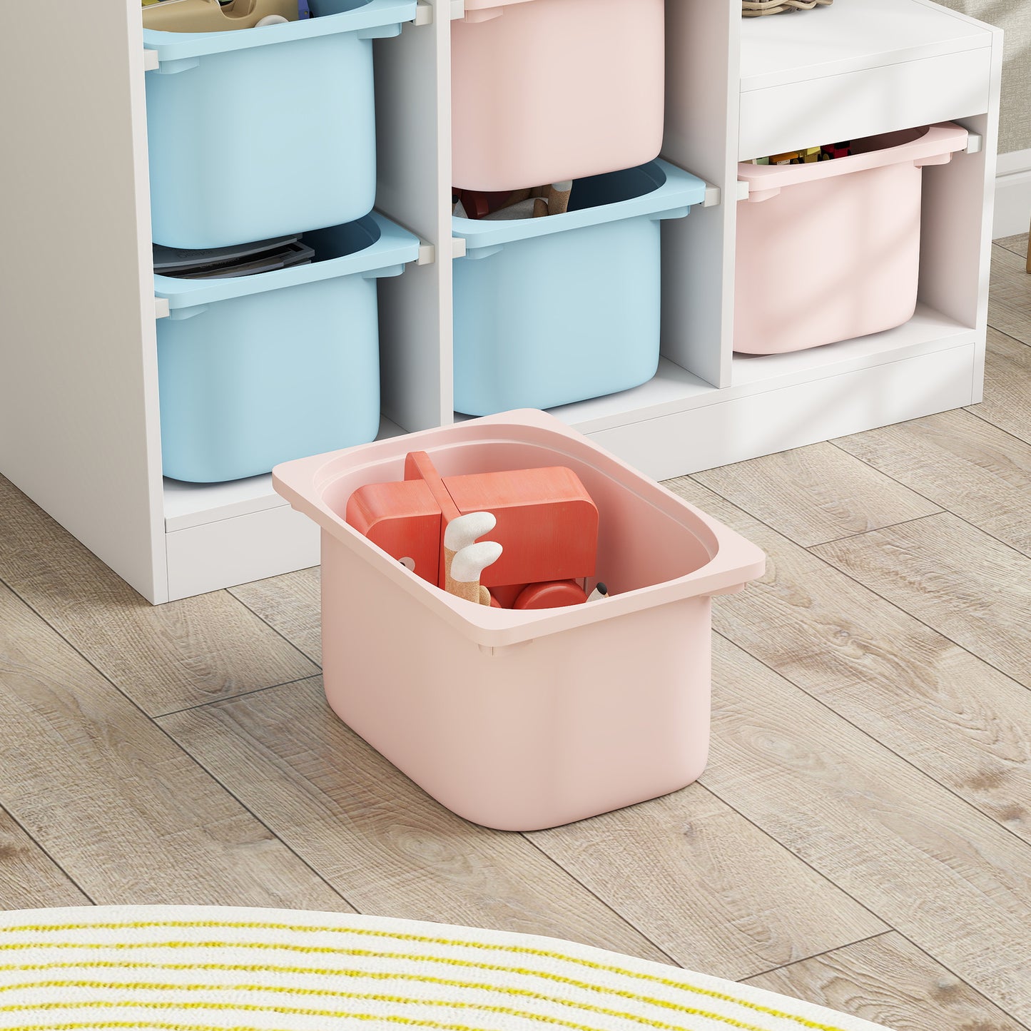 Qaba 3 Layers Toy Storage Organizer Kids Bookshelf Children Toy Storage w/ 6 Plastic Bins, Blue & Pink