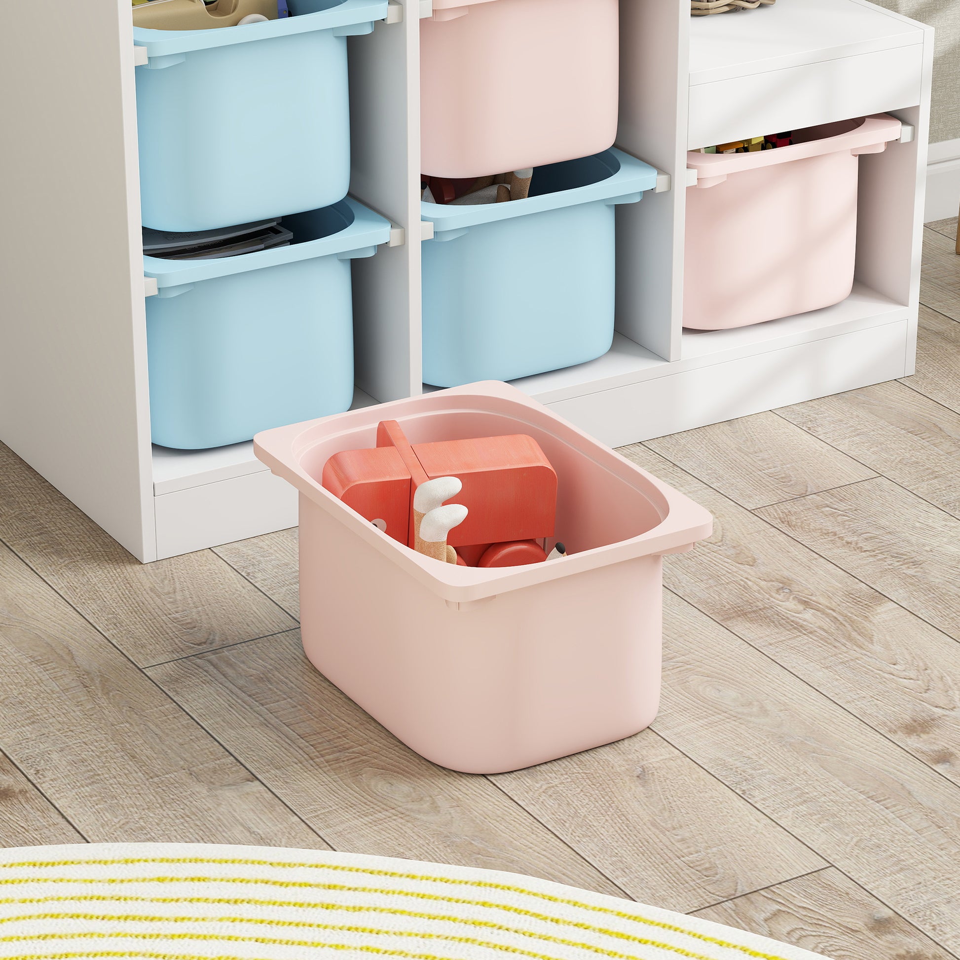 Qaba 3 Layers Toy Storage Organizer Kids Bookshelf Children Toy Storage w/ 6 Plastic Bins, Blue & Pink