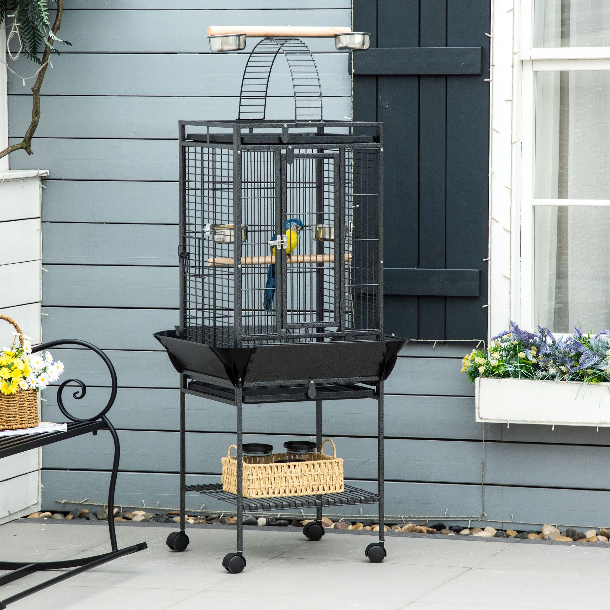 61.5 Inch Bird Cage Parakeet House for Cockatiel with Stand, Pull Out Tray, Play Top, Storage Shelf, Wood Perch, Food Co