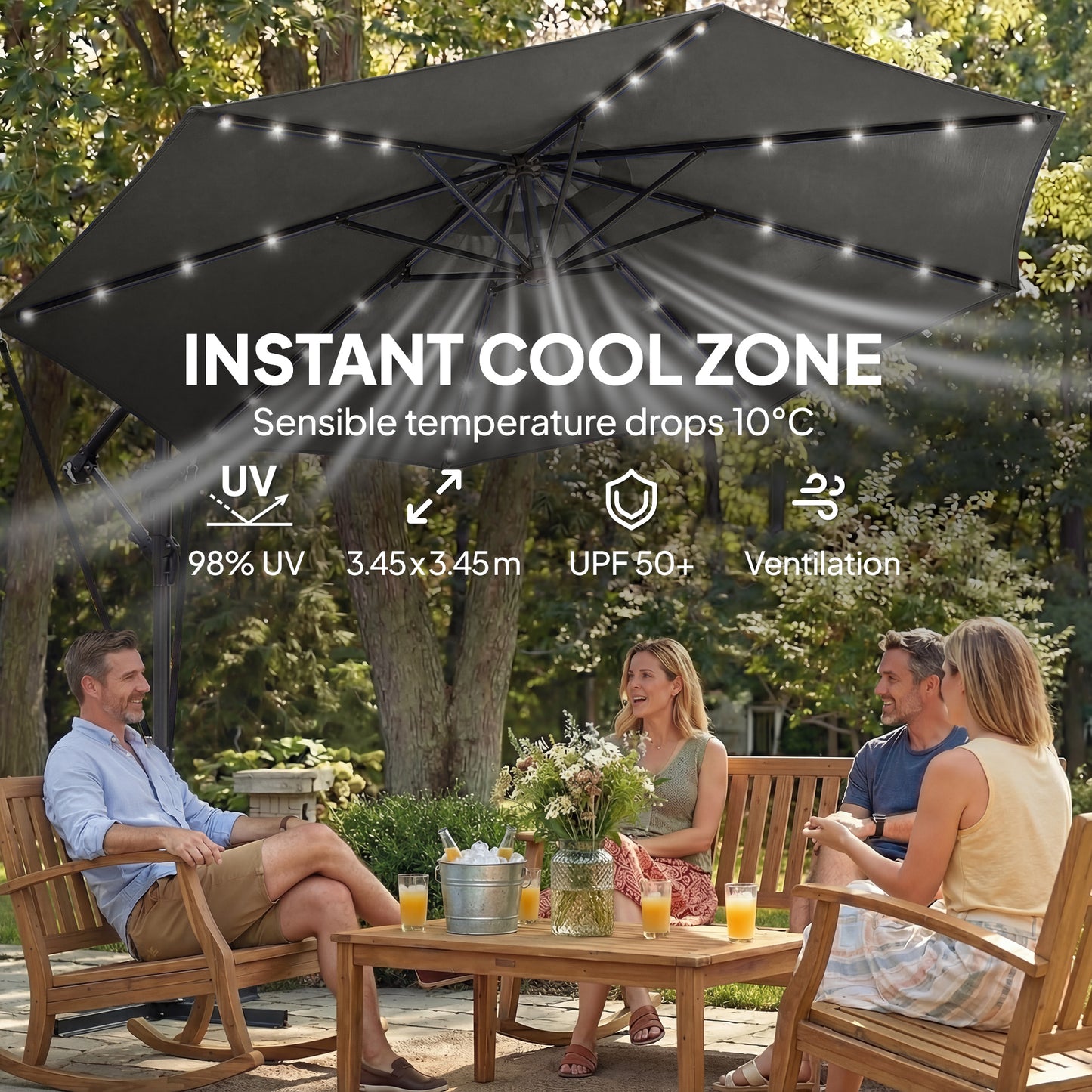 11.3 ft Cantilever Patio Umbrella with Light, Cover, Aluminium UPF50+ Offset Outdoor Umbrella Parasol, Dark Grey