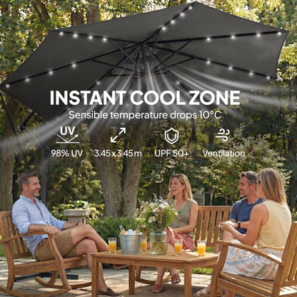 11.3 ft Cantilever Patio Umbrella with Light, Cover, Aluminium UPF50+ Offset Outdoor Umbrella Parasol, Dark Grey