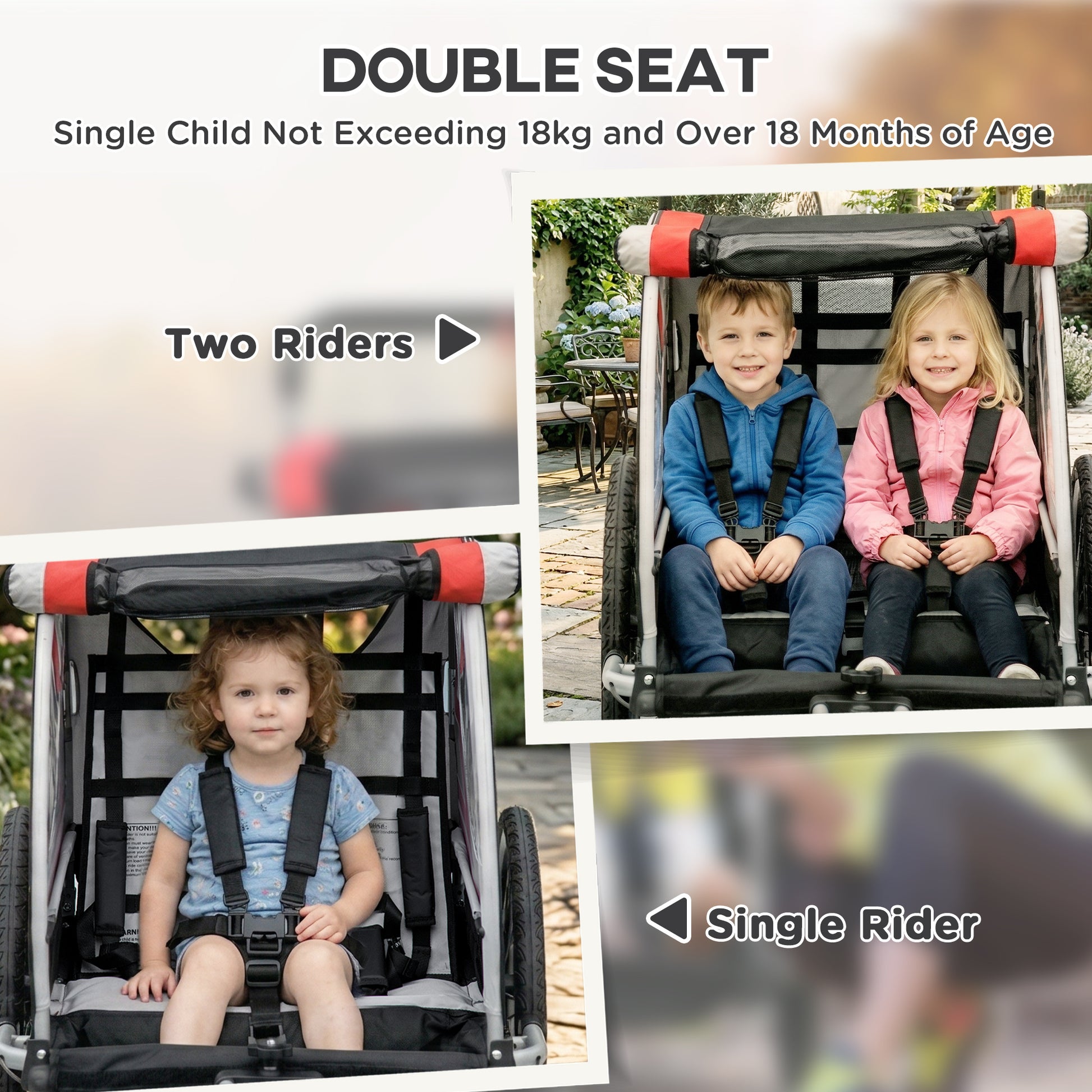 VarietyKart 2 Seat Bike Trailer for Kids 2-in-1 Double Baby Stroller with Handbrake, Rubber Wheels, 5 Point Harness, Wat