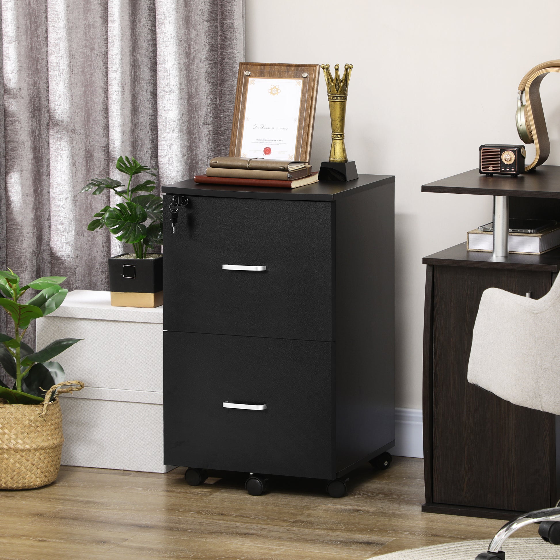 2 Drawer File Cabinet with Lock, Small Rolling Filing Cabinet for A4, Letter-Size Documents, Printer Stand for Home Offi