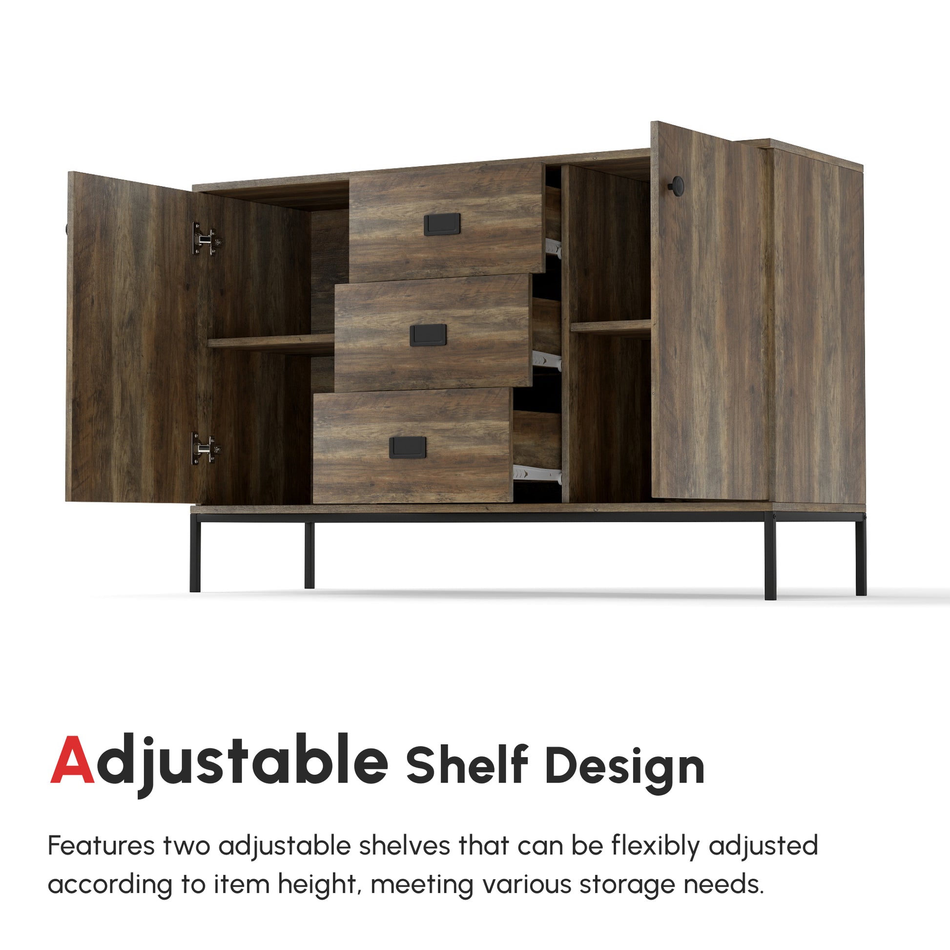 Industrial Sideboard Buffet Storage Cabinet Cupboard with 2 Doors, 3 Drawers and Shelves for Dining Room, Living Room, B