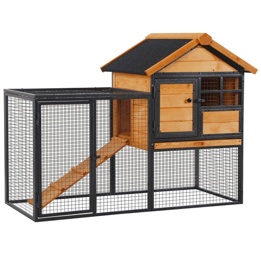 Rabbit Hutch Outdoor, 48"L Large Wooden Bunny Cage with Run, Bite-Resistant Metal Frame, Removable Plastic Tray, Asphalt