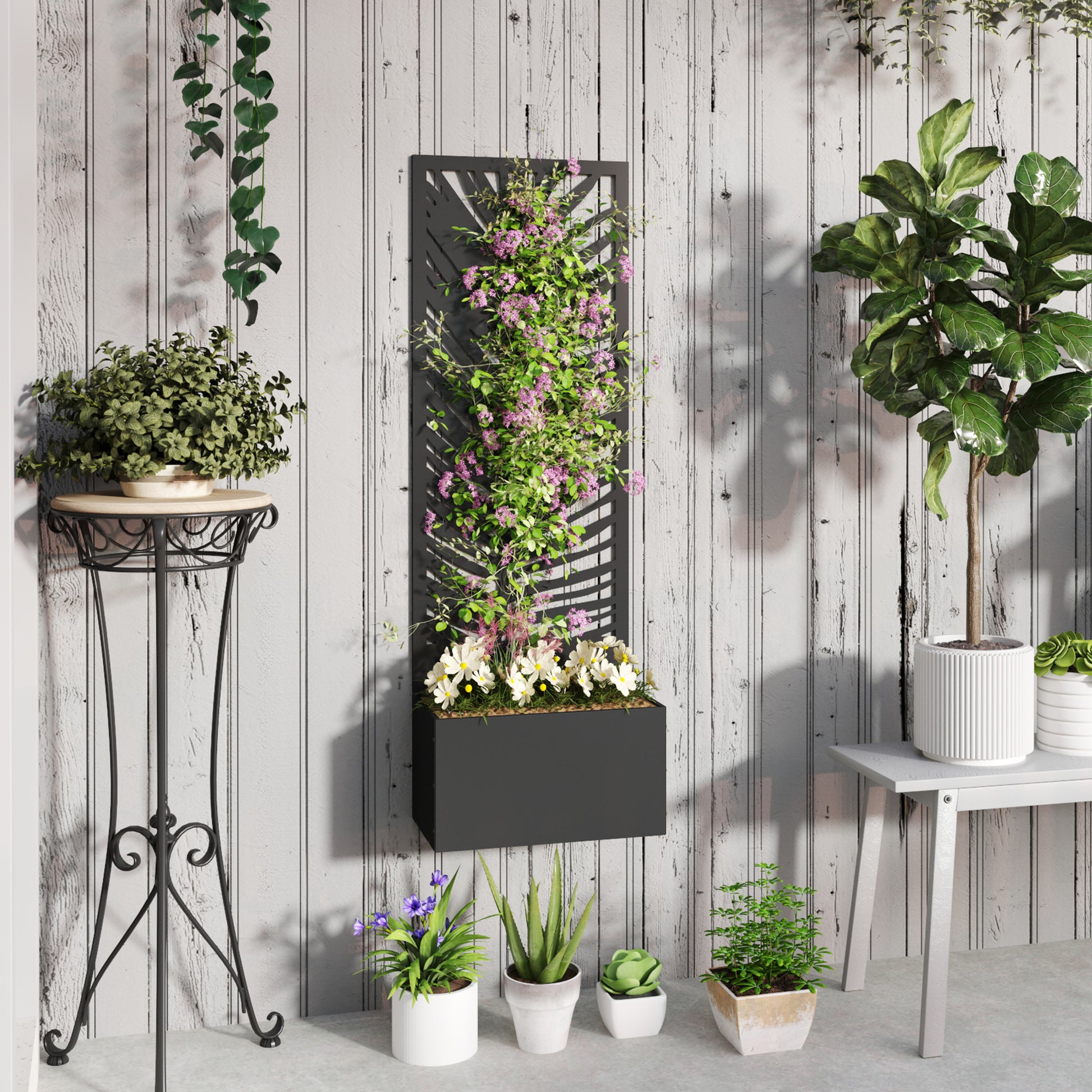Raised Garden Bed with Outdoor Privacy Screen, Metal Planter Box with Trellis, Wall-Mounted or Freestanding, Black