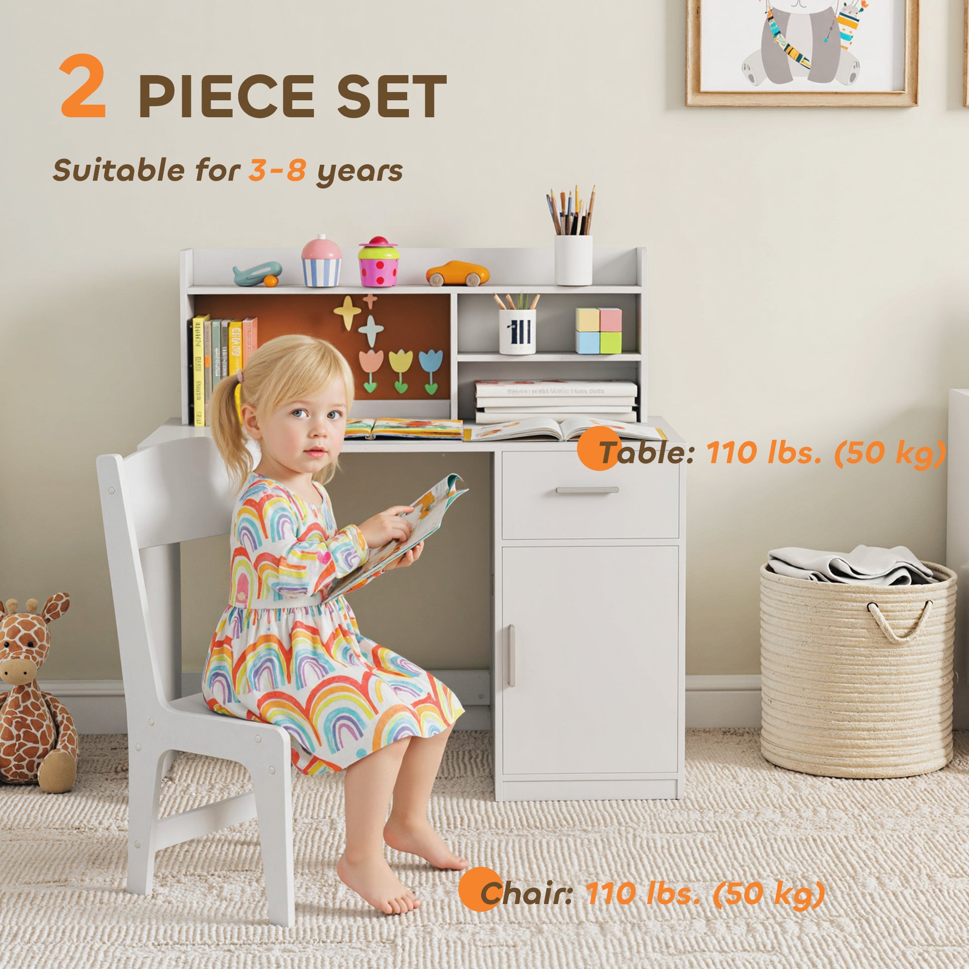 Qaba Kids Desk and Chair Set, Kids Study Table and Chair Set with Storage Hutch, Drawer, Cabinet, Compartments, Cork Boa