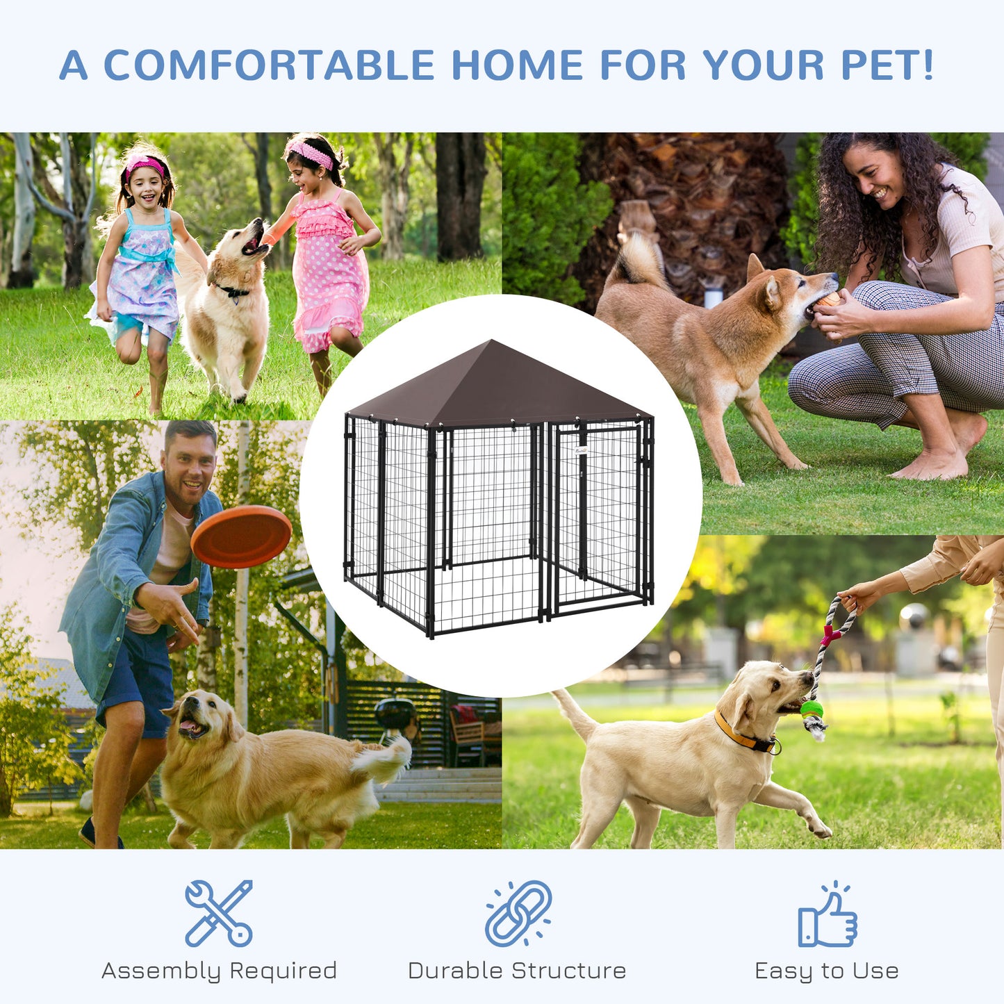Outdoor Dog Kennel, Welded Wire Steel Fence, Lockable Pet Playpen Crate, with Water-, UV-Resistant Canopy Top, Door, 4.6