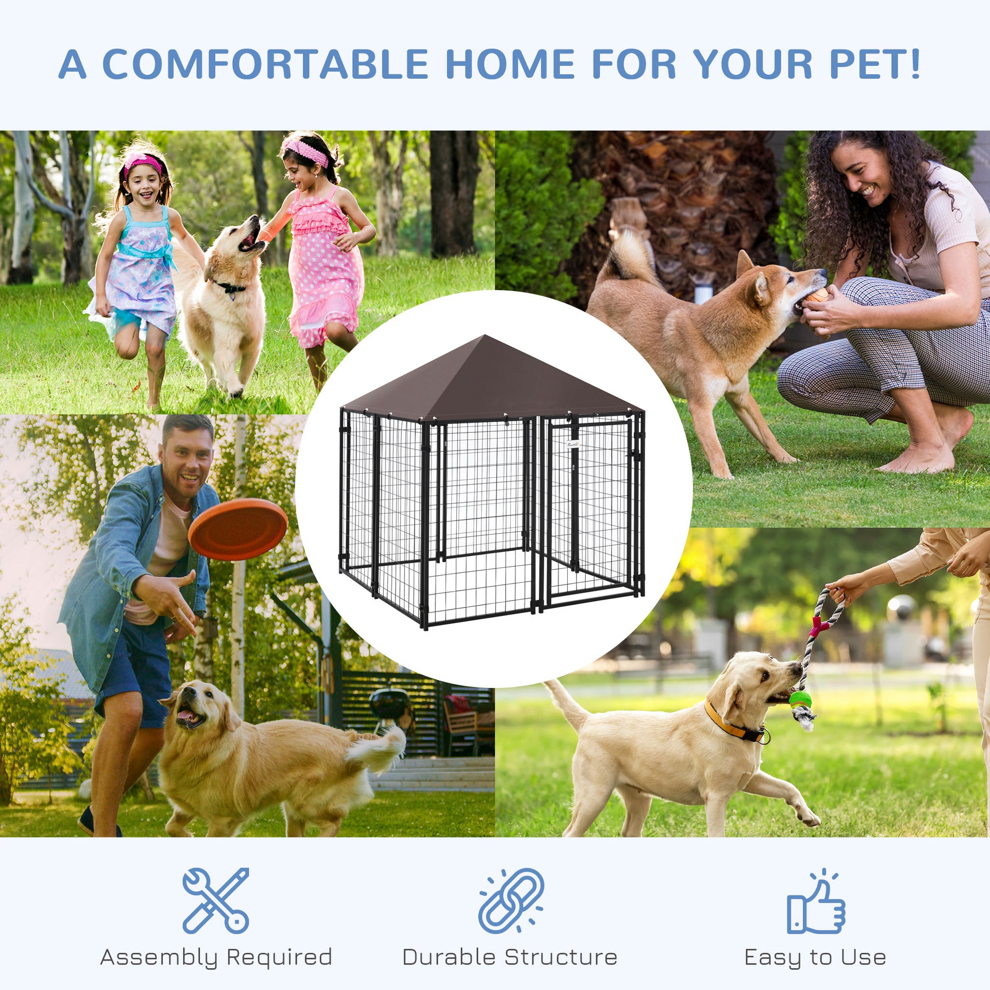 Outdoor Dog Kennel, Welded Wire Steel Fence, Lockable Pet Playpen Crate, with Water-, UV-Resistant Canopy Top, Door, 4.6