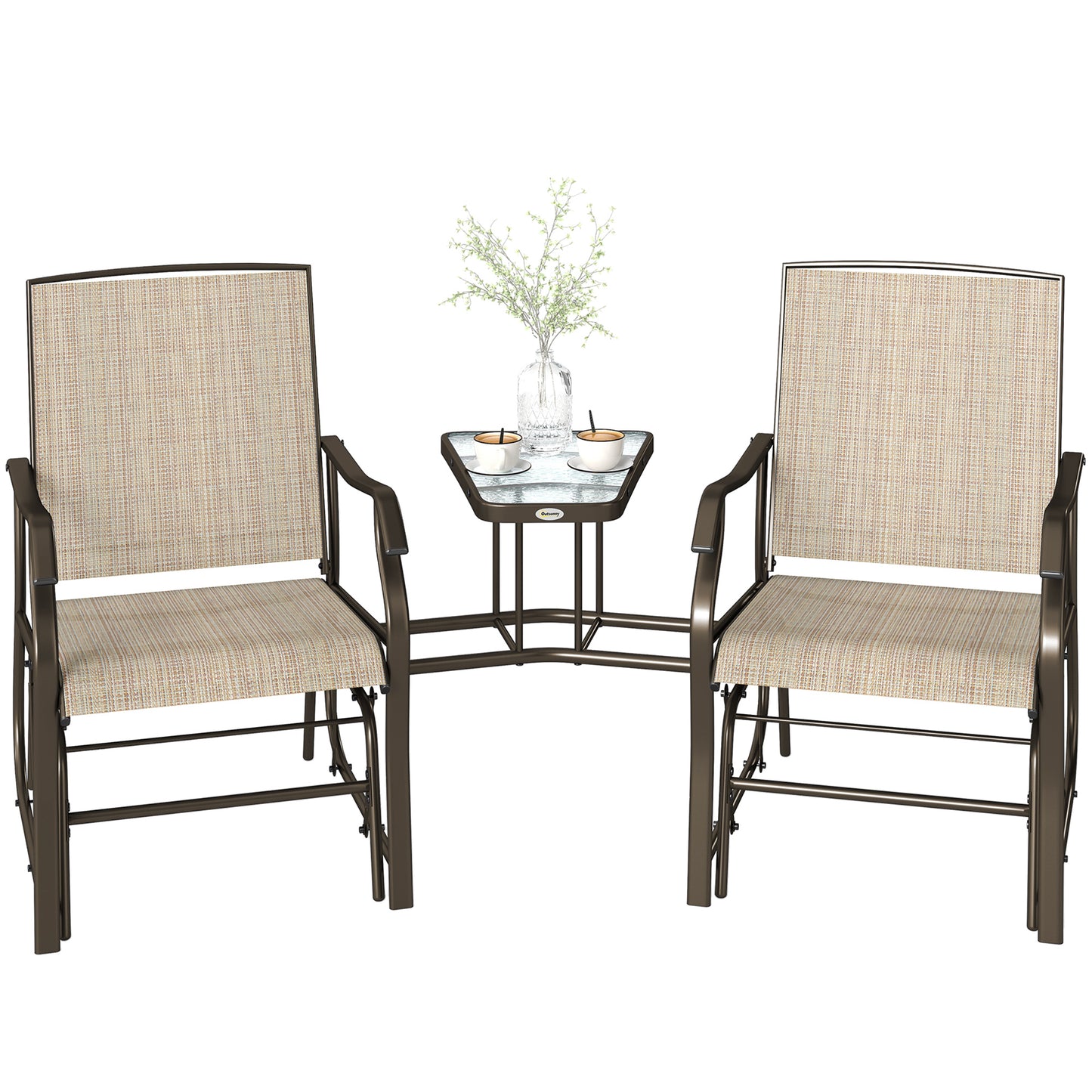 Double Patio Glider Chair with Glass Top Center Table, Outdoor Glider Loveseat with High Back,  All Weather Breathable M