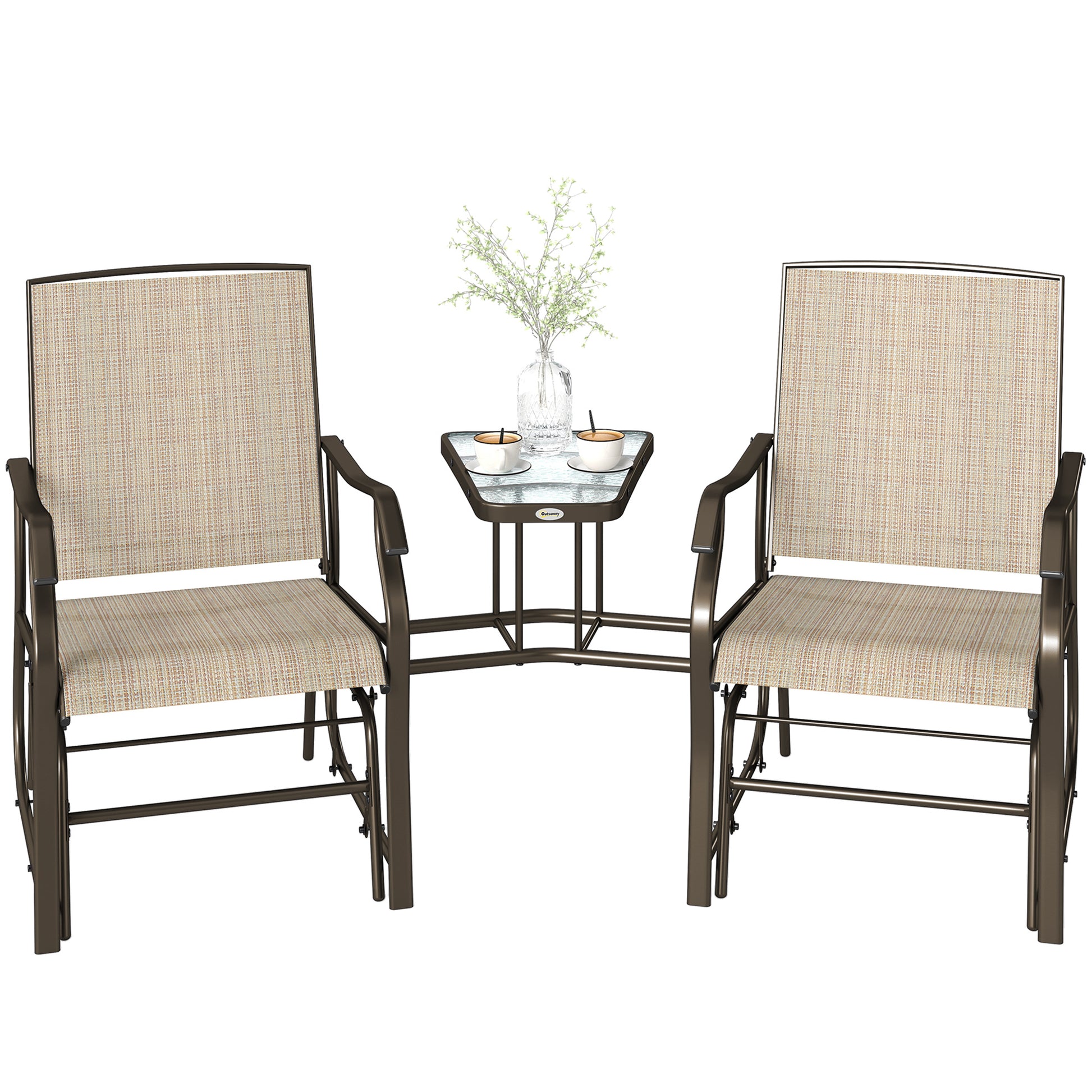 Double Patio Glider Chair with Glass Top Center Table, Outdoor Glider Loveseat with High Back,  All Weather Breathable M