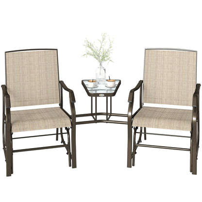 Double Patio Glider Chair with Glass Top Center Table, Outdoor Glider Loveseat with High Back,  All Weather Breathable M