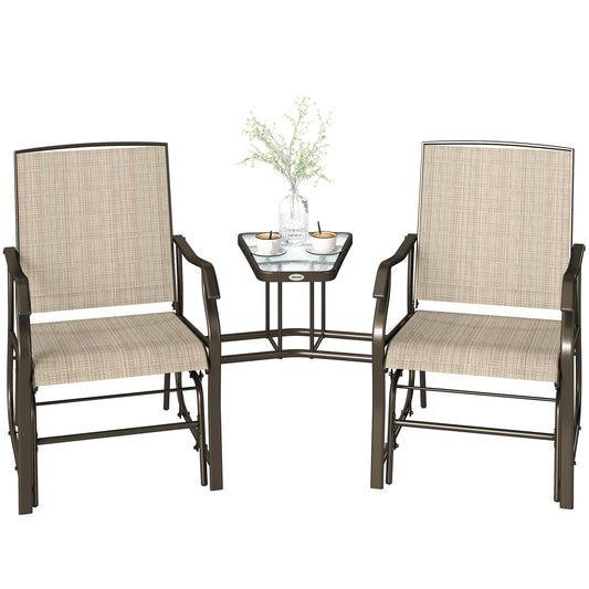 Double Patio Glider Chair with Glass Top Center Table, Outdoor Glider Loveseat with High Back,  All Weather Breathable M