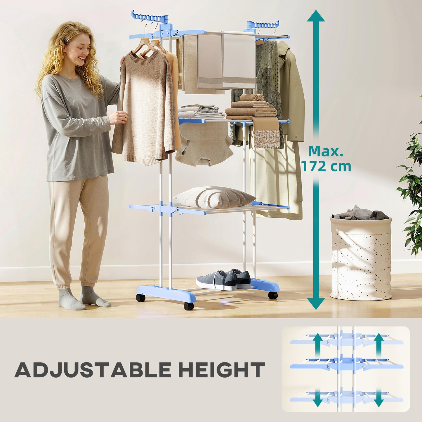 Foldable Clothes Drying Rack, 4-Tier Steel Laundry Rack for Drying Clothes with 2 Side Wings and 4 Castors, Indoor and O